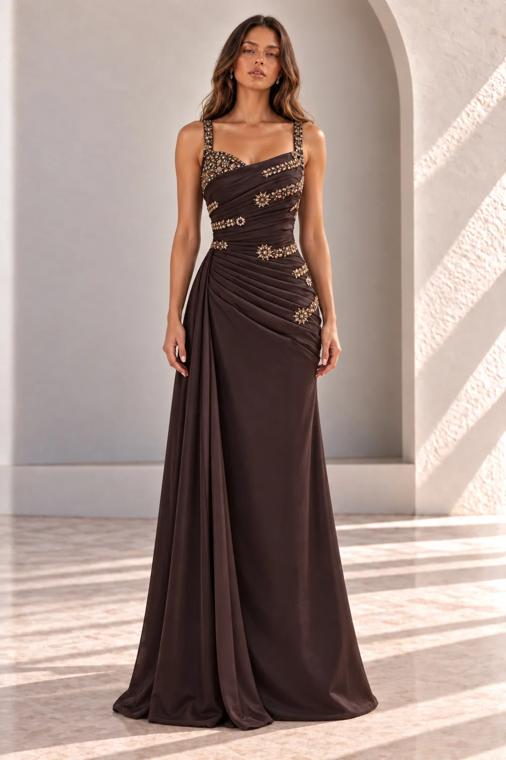 Brown Formal Gown with Draped Bodice and Beaded Straps, front view