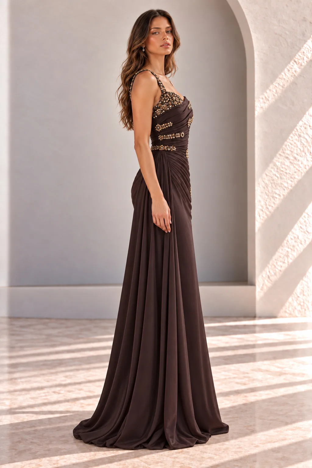 Brown Formal Gown with Draped Bodice and Beaded Straps, side view