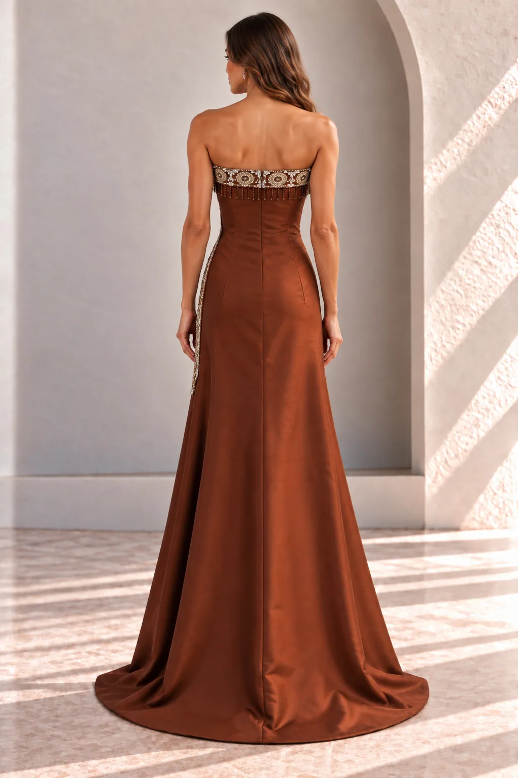 Copper Strapless Satin Evening Dress with Crystal Trim, back view
