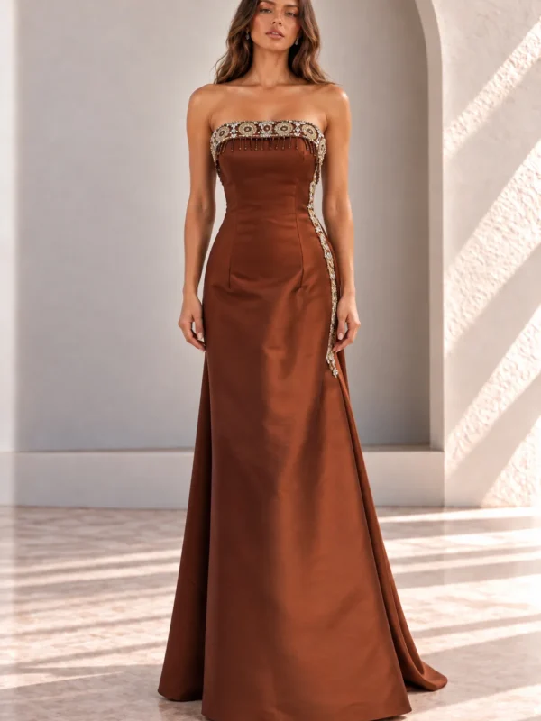 Copper Strapless Satin Evening Dress with Crystal Trim, front view