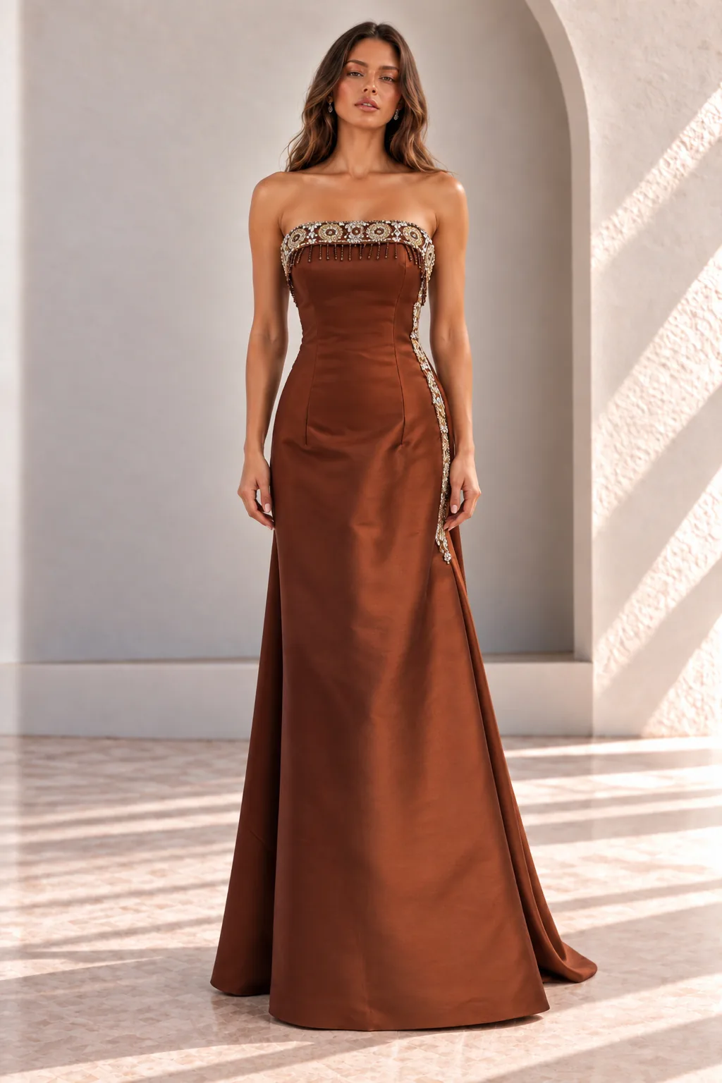 Copper Strapless Satin Evening Dress with Crystal Trim, front view