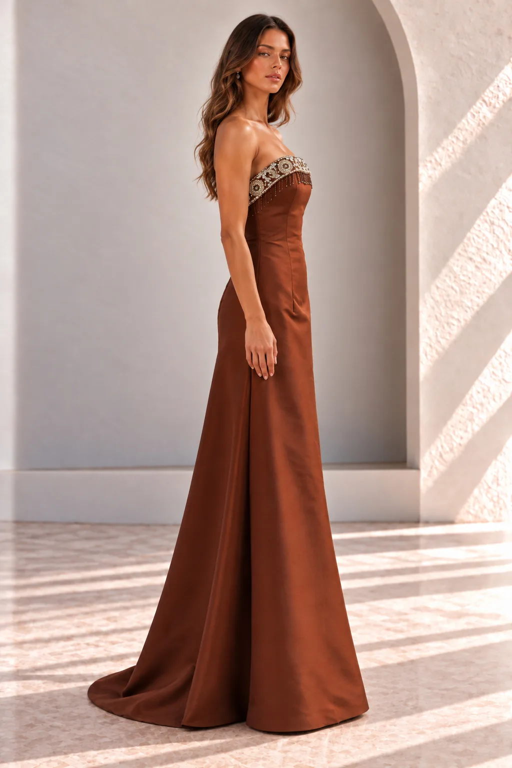 Copper Strapless Satin Evening Dress with Crystal Trim, side view