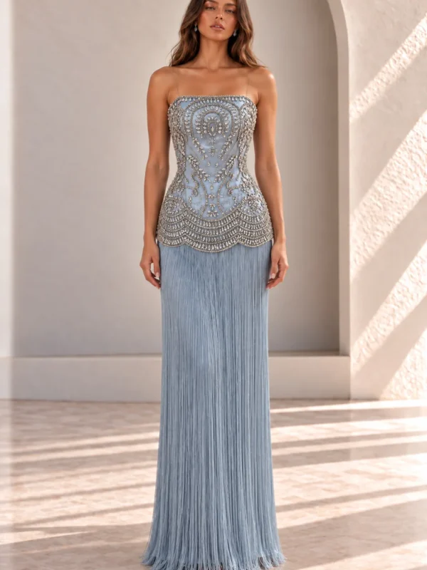 Ice Blue Party Dress with Beaded Corset and Fringe, front view