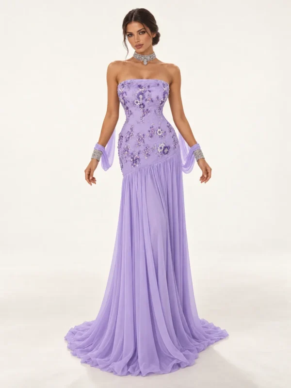 Lavender strapless floral embellished gown with flowing arm drapes