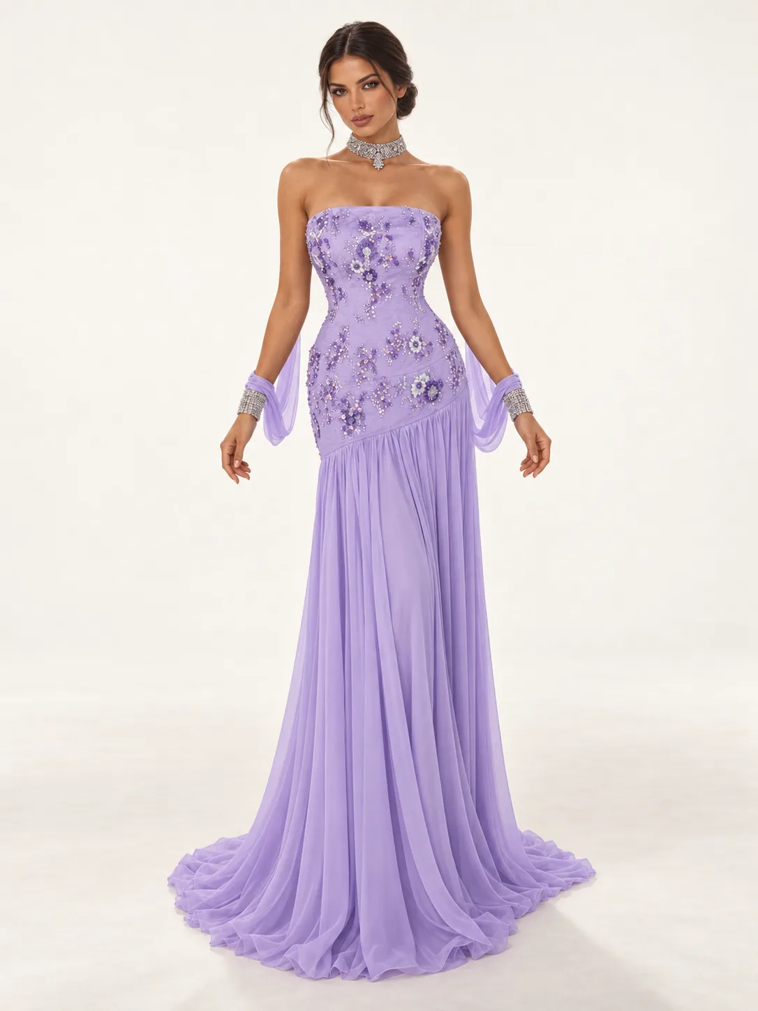 Lavender strapless floral embellished gown with flowing arm drapes