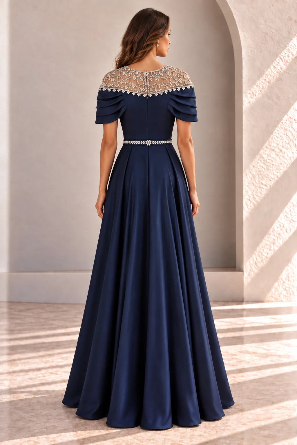 Navy Blue Formal Gown with Sleeves and Crystal Neckline, back view