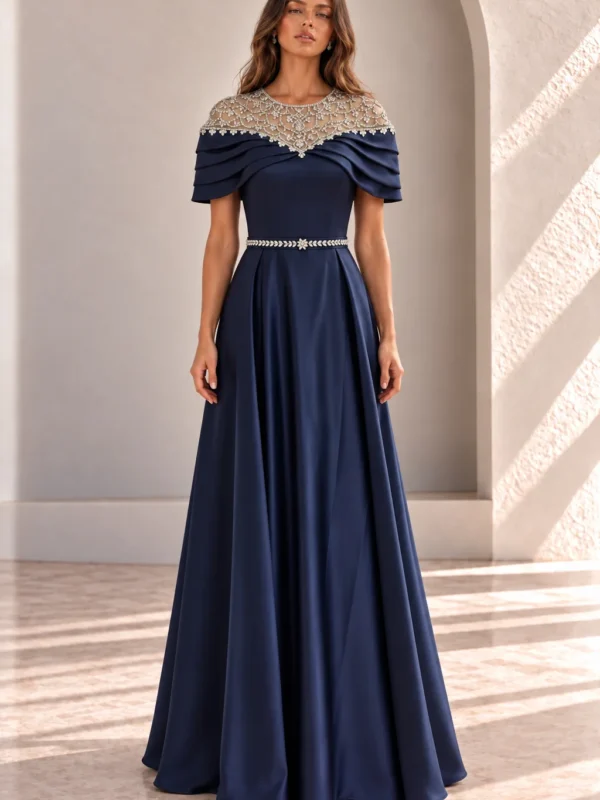 Navy Blue Formal Gown with Sleeves and Crystal Neckline, front view