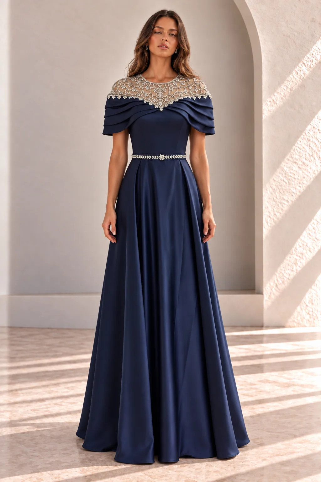 Navy Blue Formal Gown with Sleeves and Crystal Neckline, front view
