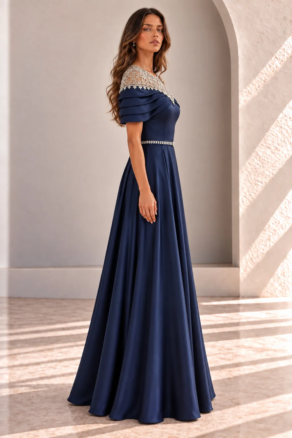 Navy Blue Formal Gown with Sleeves and Crystal Neckline, side view