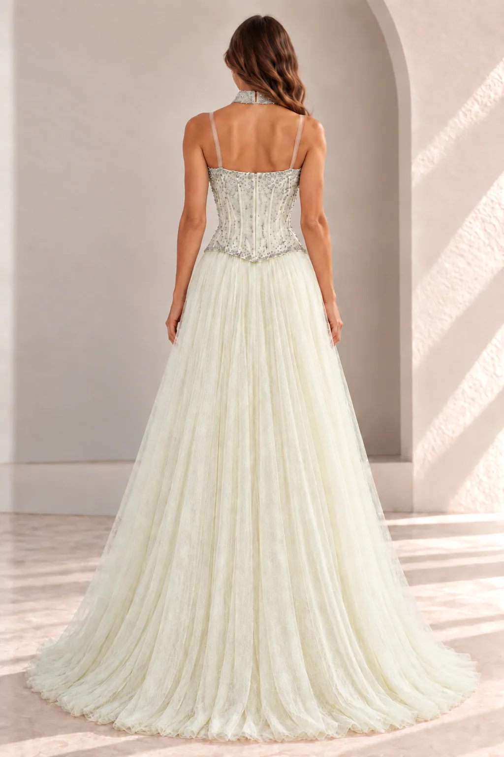 Pale Yellow Ball Gown with Beaded Corset, back view