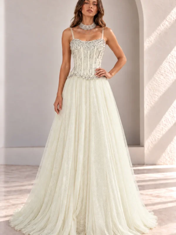 Pale Yellow Ball Gown with Beaded Corset, front view