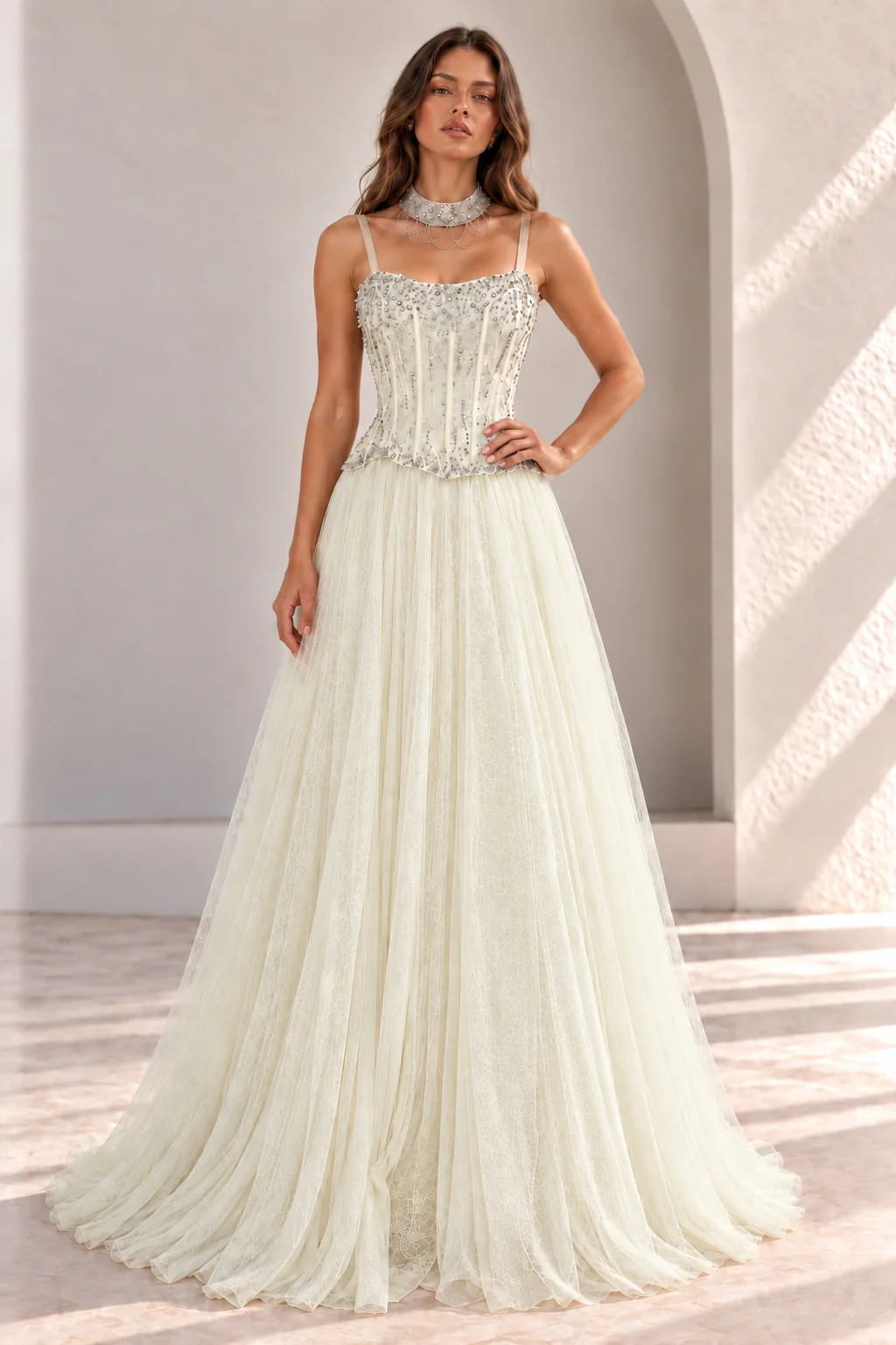 Pale Yellow Ball Gown with Beaded Corset, front view