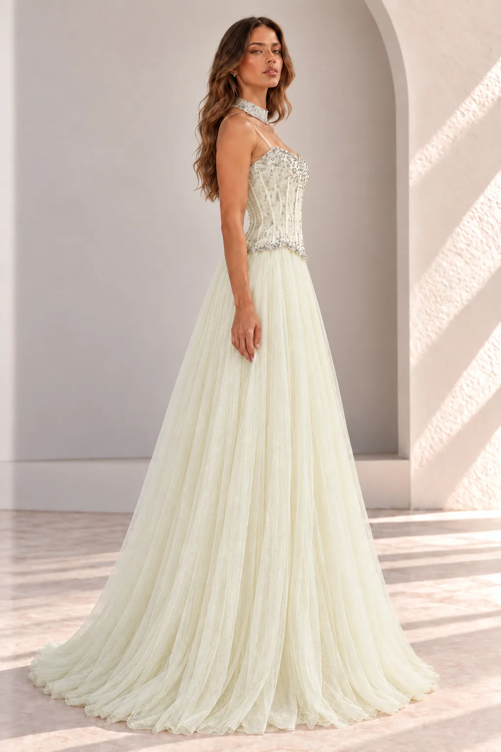 Pale Yellow Ball Gown with Beaded Corset, side view