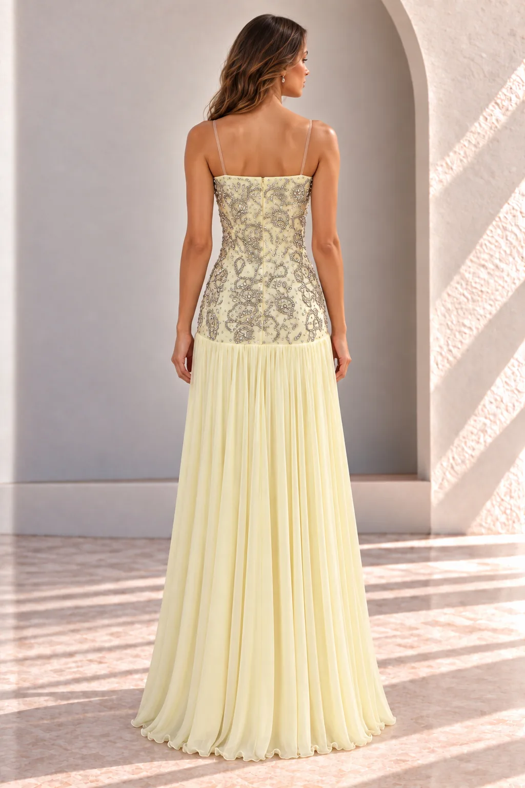 Pale Yellow Chiffon Prom Dress with Floral Embroidery, back view