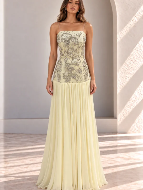 Pale Yellow Chiffon Prom Dress with Floral Embroidery, front view