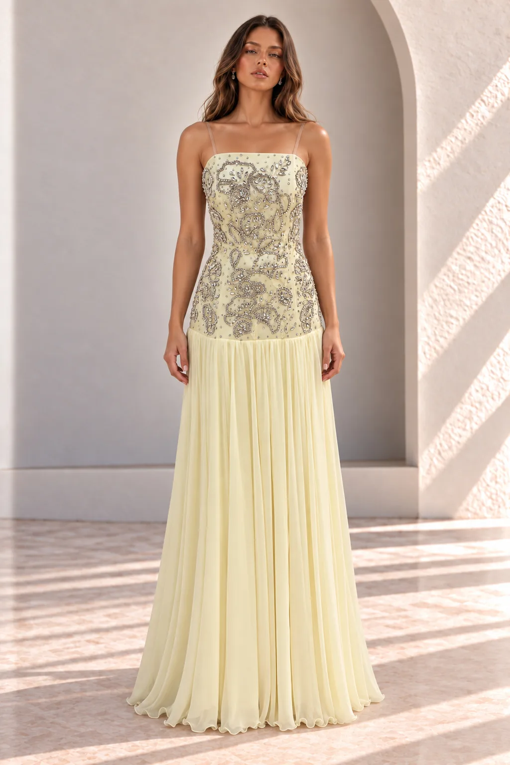 Pale Yellow Chiffon Prom Dress with Floral Embroidery, front view