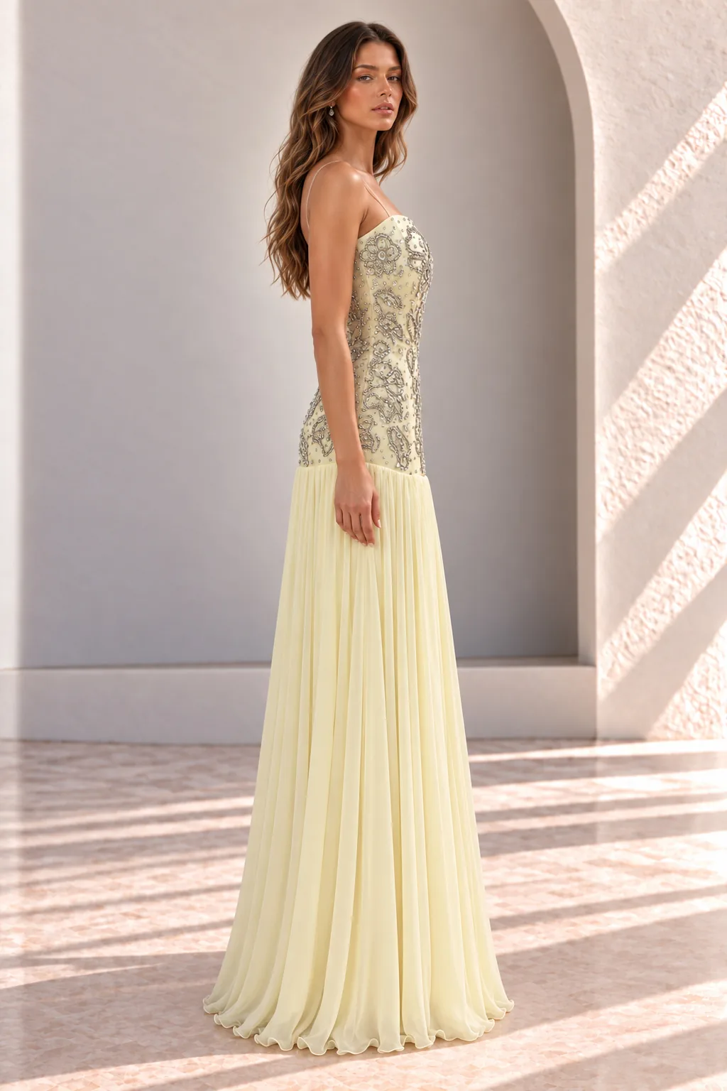 Pale Yellow Chiffon Prom Dress with Floral Embroidery, side view