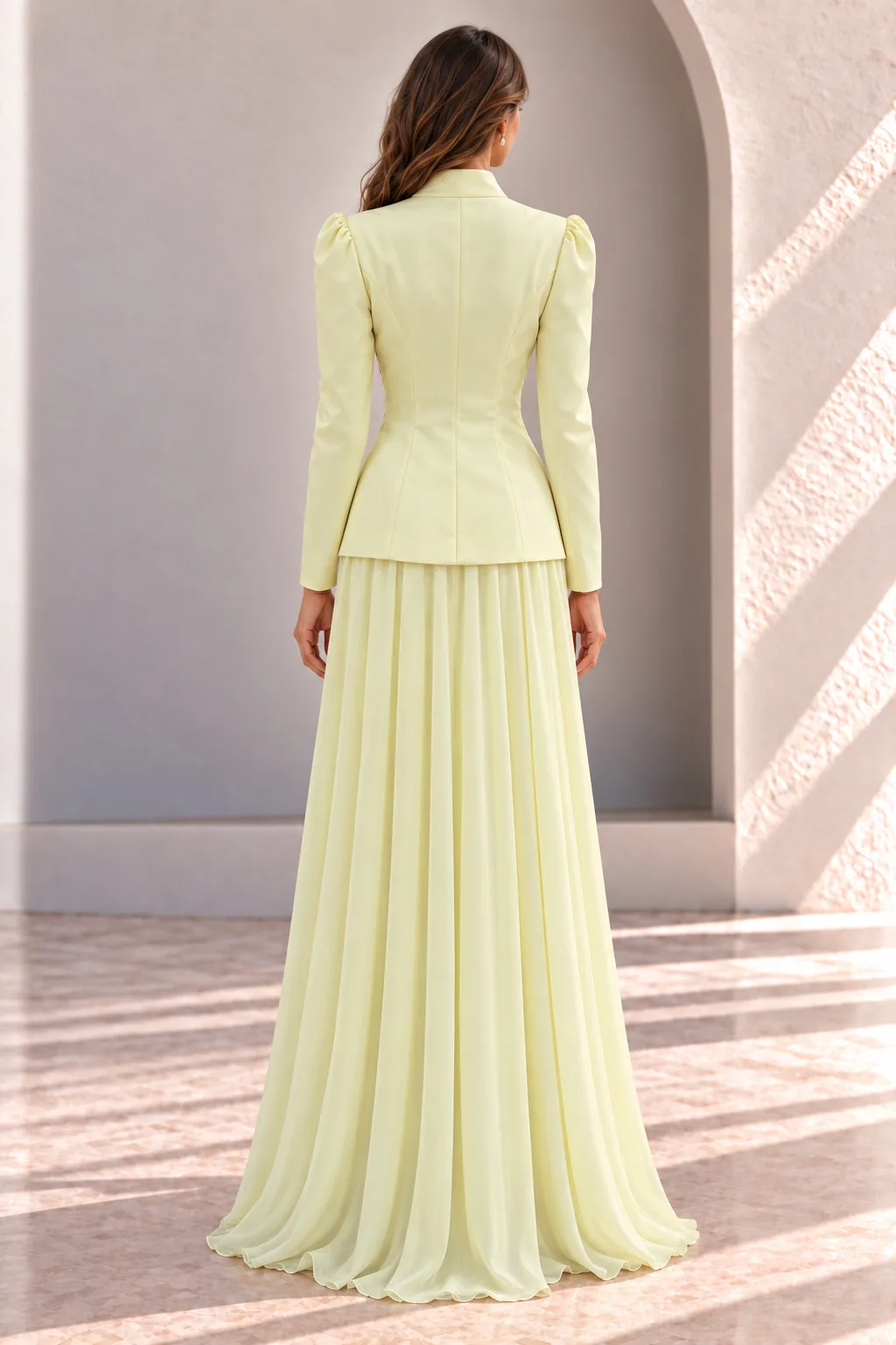 Pale Yellow Modest Evening Set, Embroidered Jacket and Skirt, back view