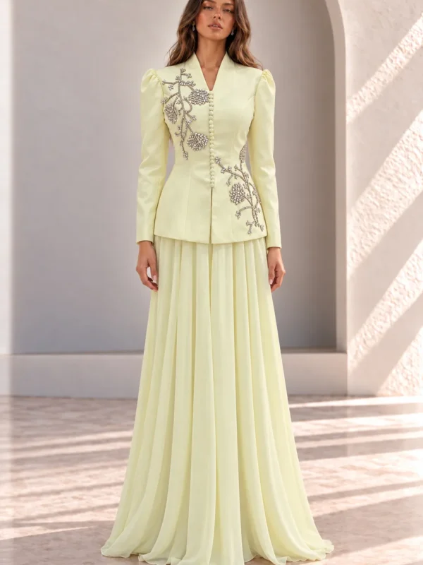 Pale Yellow Modest Evening Set, Embroidered Jacket and Skirt, front view