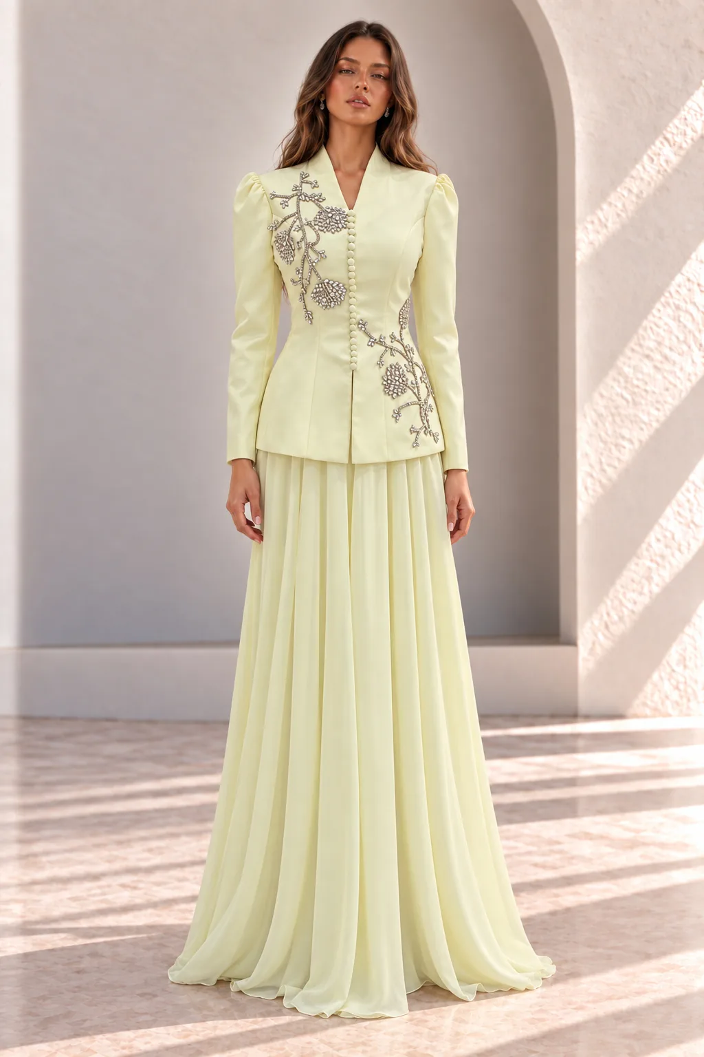 Pale Yellow Modest Evening Set, Embroidered Jacket and Skirt, front view