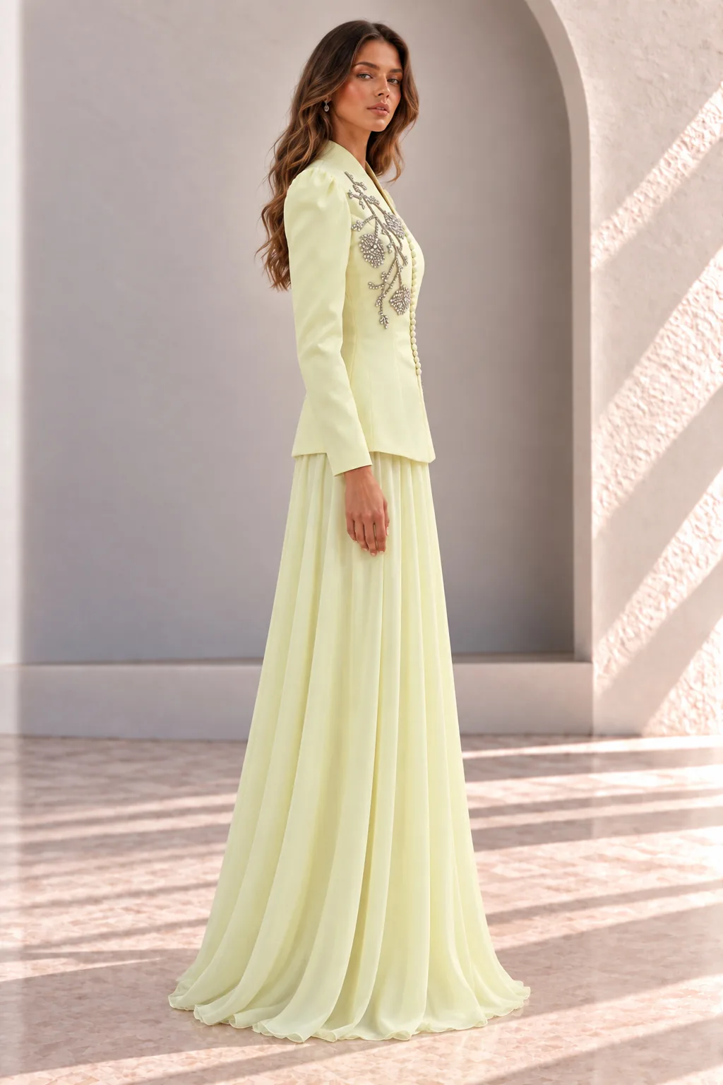 Pale Yellow Modest Evening Set, Embroidered Jacket and Skirt, side view