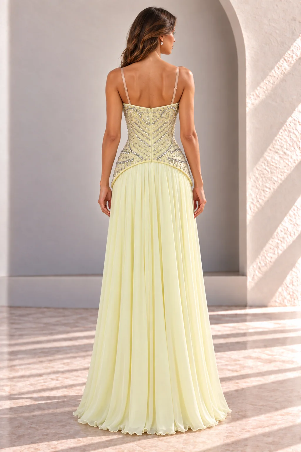 Pale Yellow Prom Dress with Beaded Corset, back view
