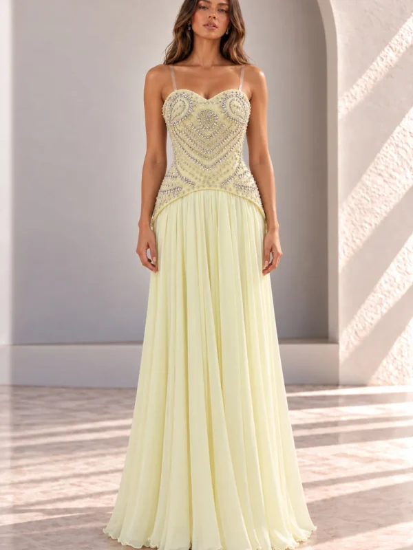 Pale Yellow Prom Dress with Beaded Corset, front view