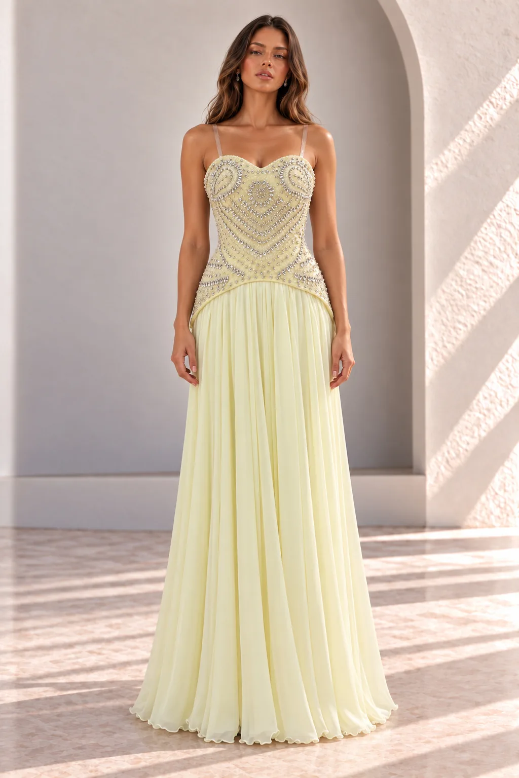 Pale Yellow Prom Dress with Beaded Corset, front view