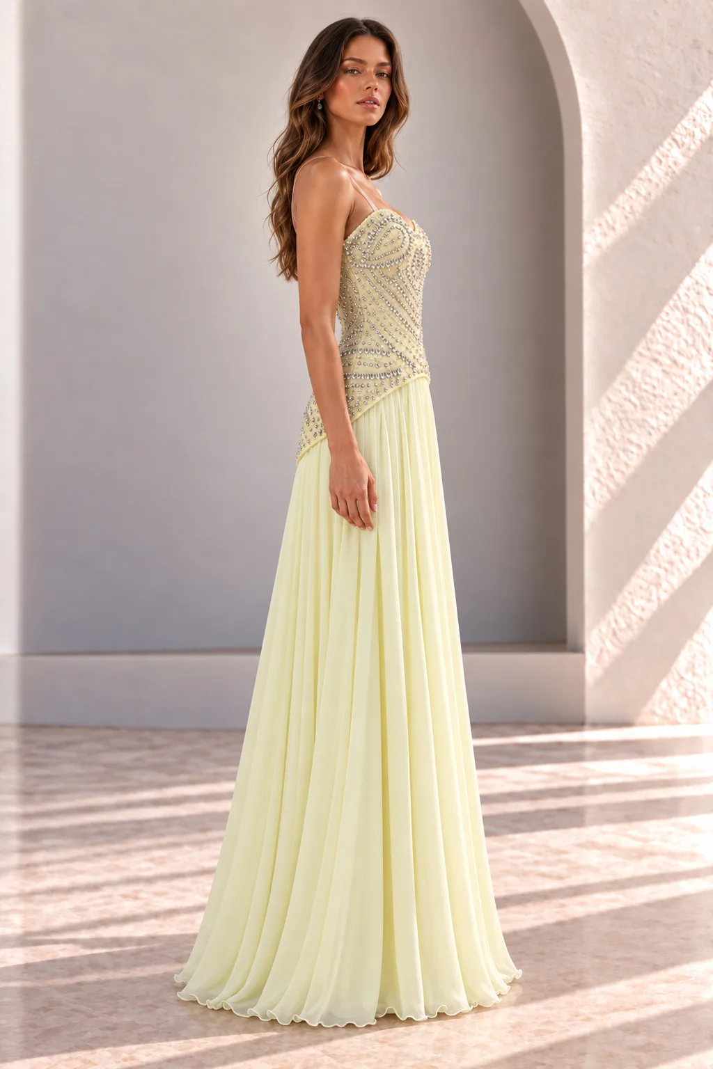 Pale Yellow Prom Dress with Beaded Corset, side view