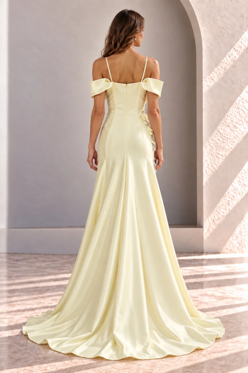Pale Yellow Off Shoulder Satin Gown with Bow, back view