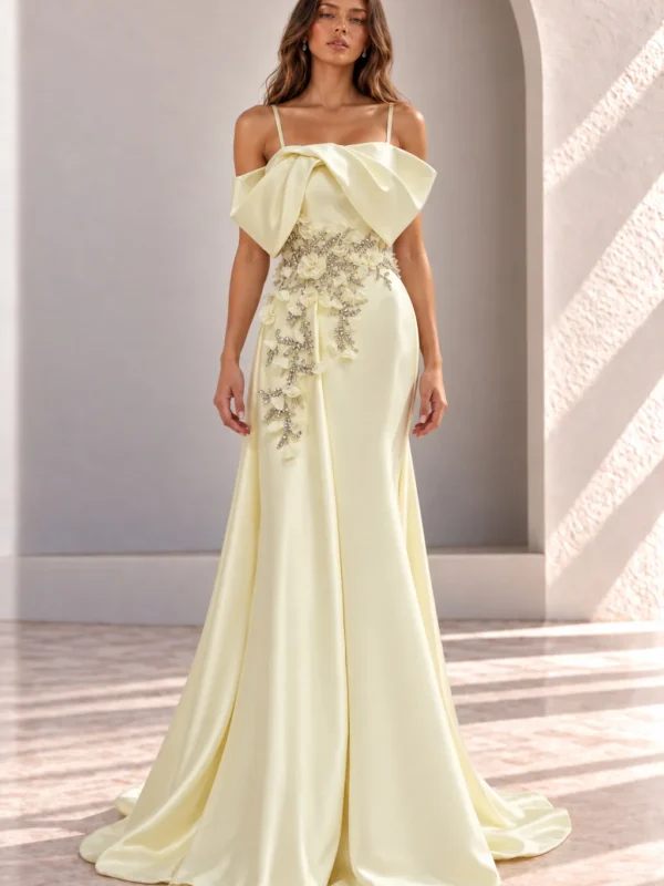 Pale Yellow Off Shoulder Satin Gown with Bow, front view