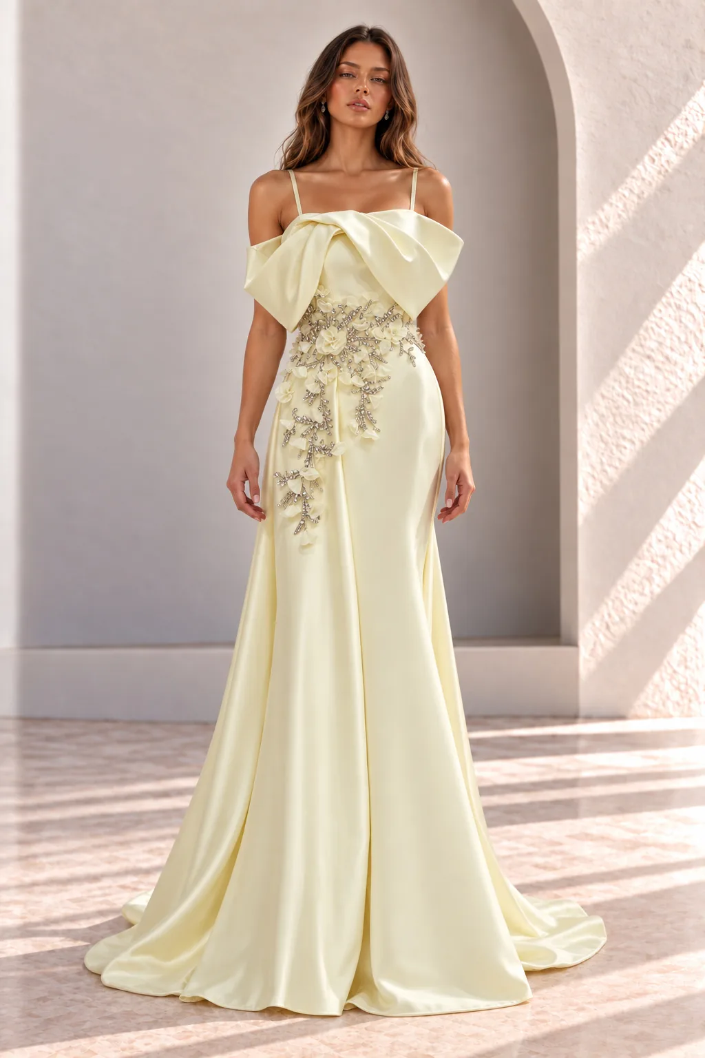 Pale Yellow Off Shoulder Satin Gown with Bow, front view