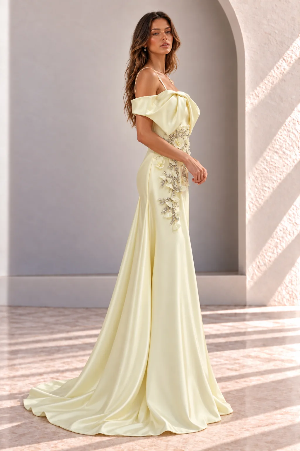 Pale Yellow Off Shoulder Satin Gown with Bow, side view