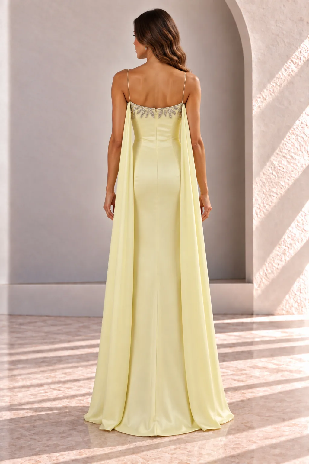 Pale Yellow Satin Evening Gown with Embroidery and Back Cape, back view