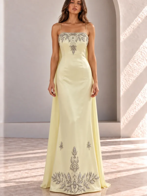 Pale Yellow Satin Evening Gown with Embroidery and Back Cape, front view