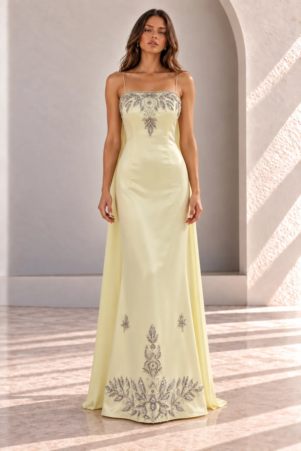 Pale Yellow Satin Evening Gown with Embroidery and Back Cape, front view