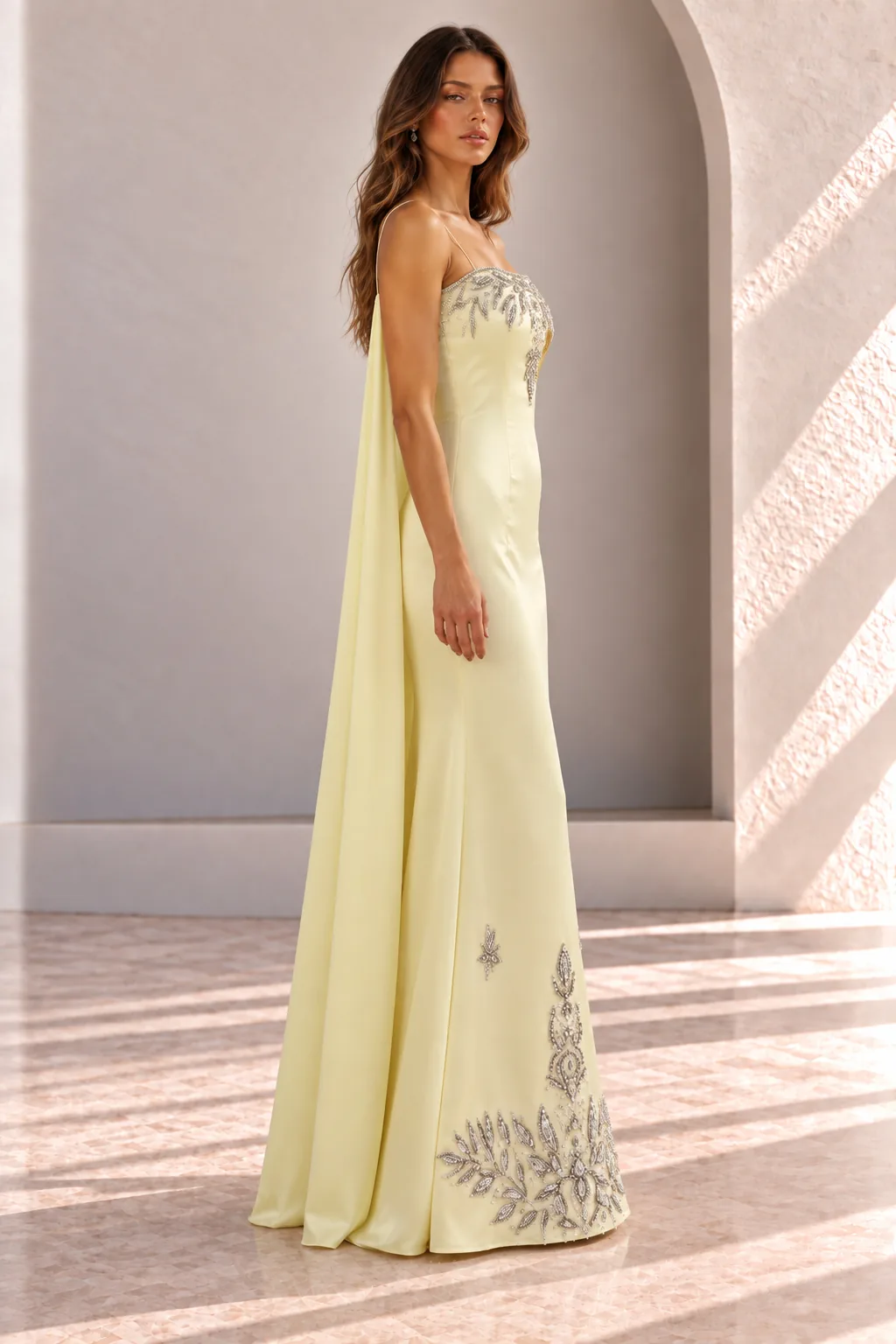 Pale Yellow Satin Evening Gown with Embroidery and Back Cape, side view