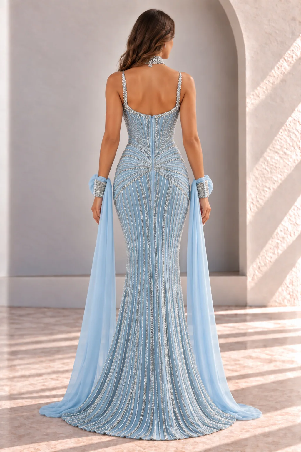 Powder Blue Beaded Evening Gown with Chiffon Drapes, back view