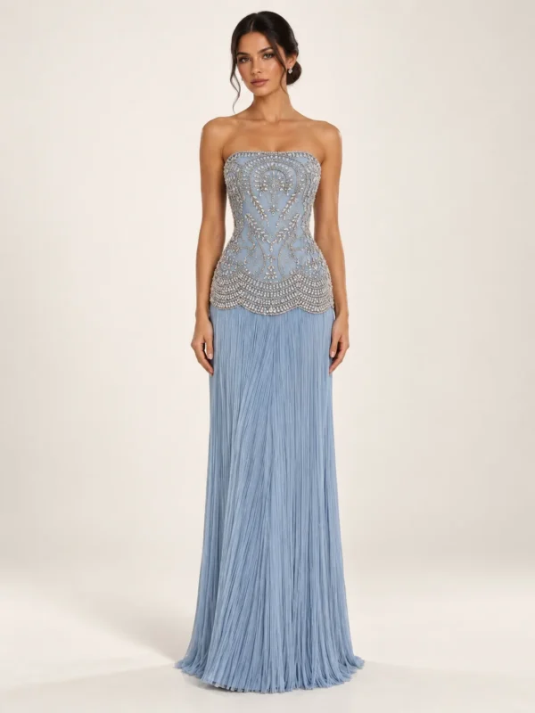 Powder blue strapless silver embellished gown with floor-length fringe skirt