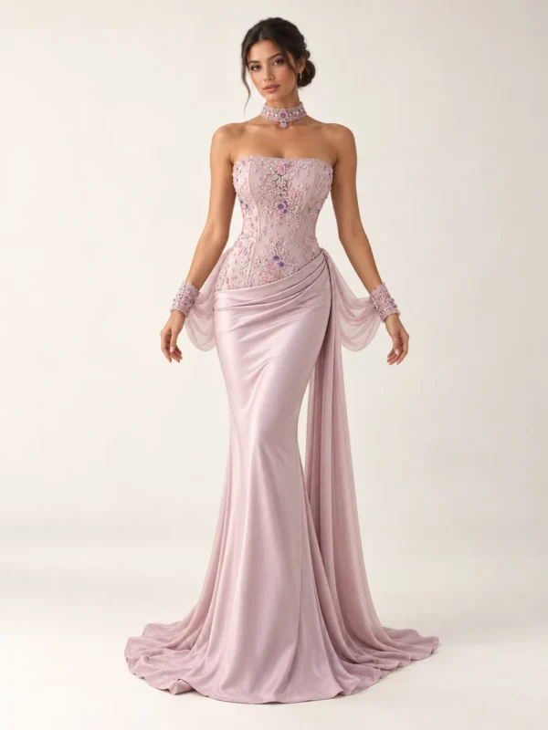 Rose satin drape gown with floral embellished strapless bodice