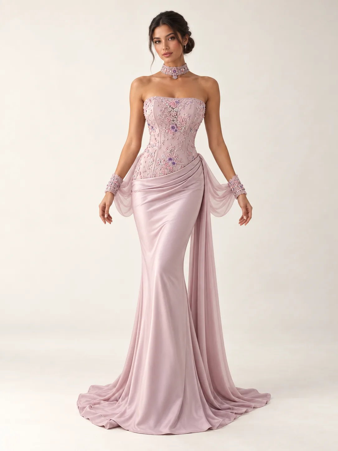 Rose satin drape gown with floral embellished strapless bodice