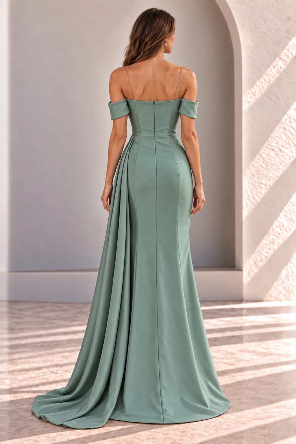 Sage Green Off Shoulder Evening Gown with Silver Beading, back view