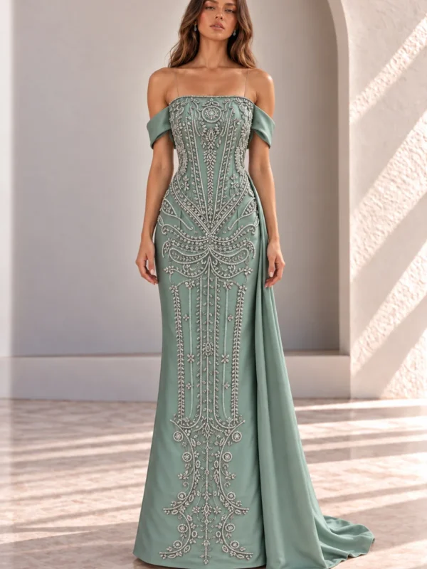 Sage Green Off Shoulder Evening Gown with Silver Beading, front view