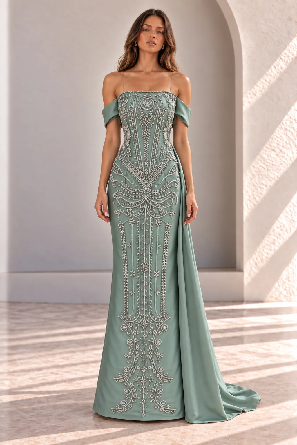 Sage Green Off Shoulder Evening Gown with Silver Beading, front view
