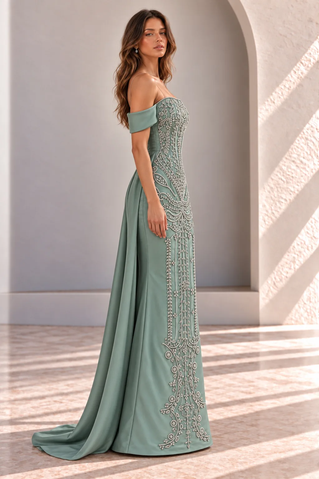 Sage Green Off Shoulder Evening Gown with Silver Beading, side view