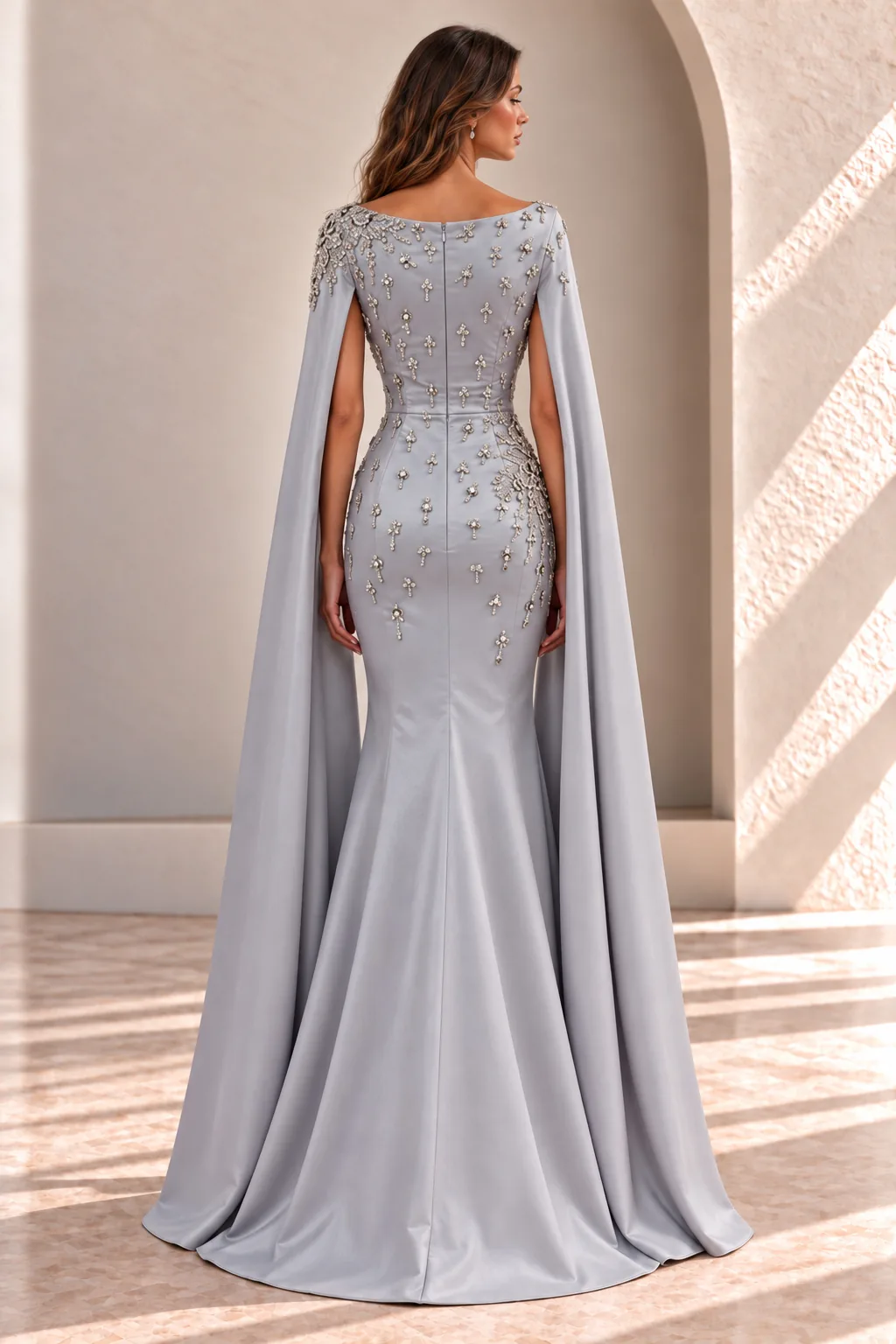 Silver Grey Cape Gown, Beaded Satin Evening Dress, back view