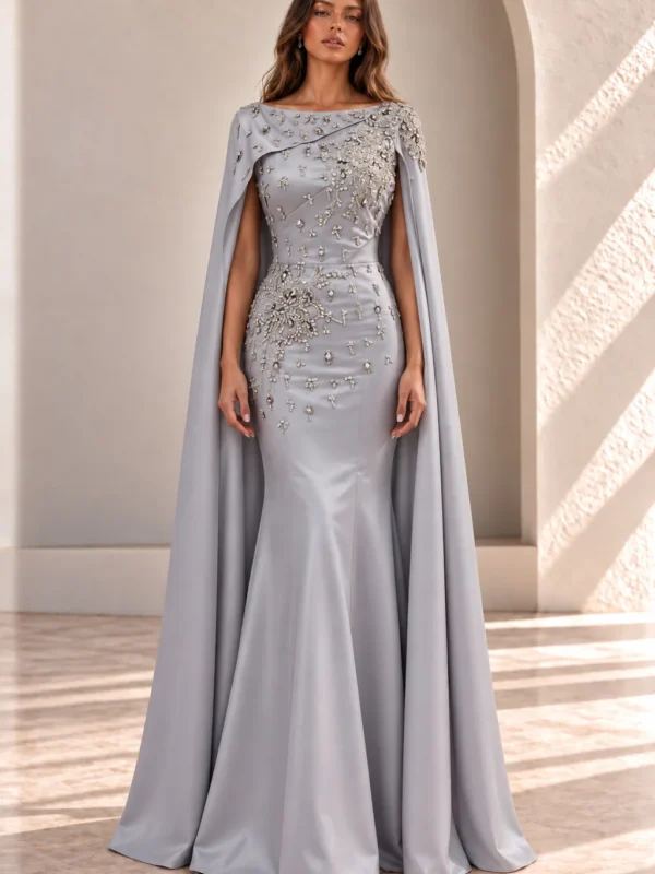 Silver Grey Cape Gown, Beaded Satin Evening Dress, front view