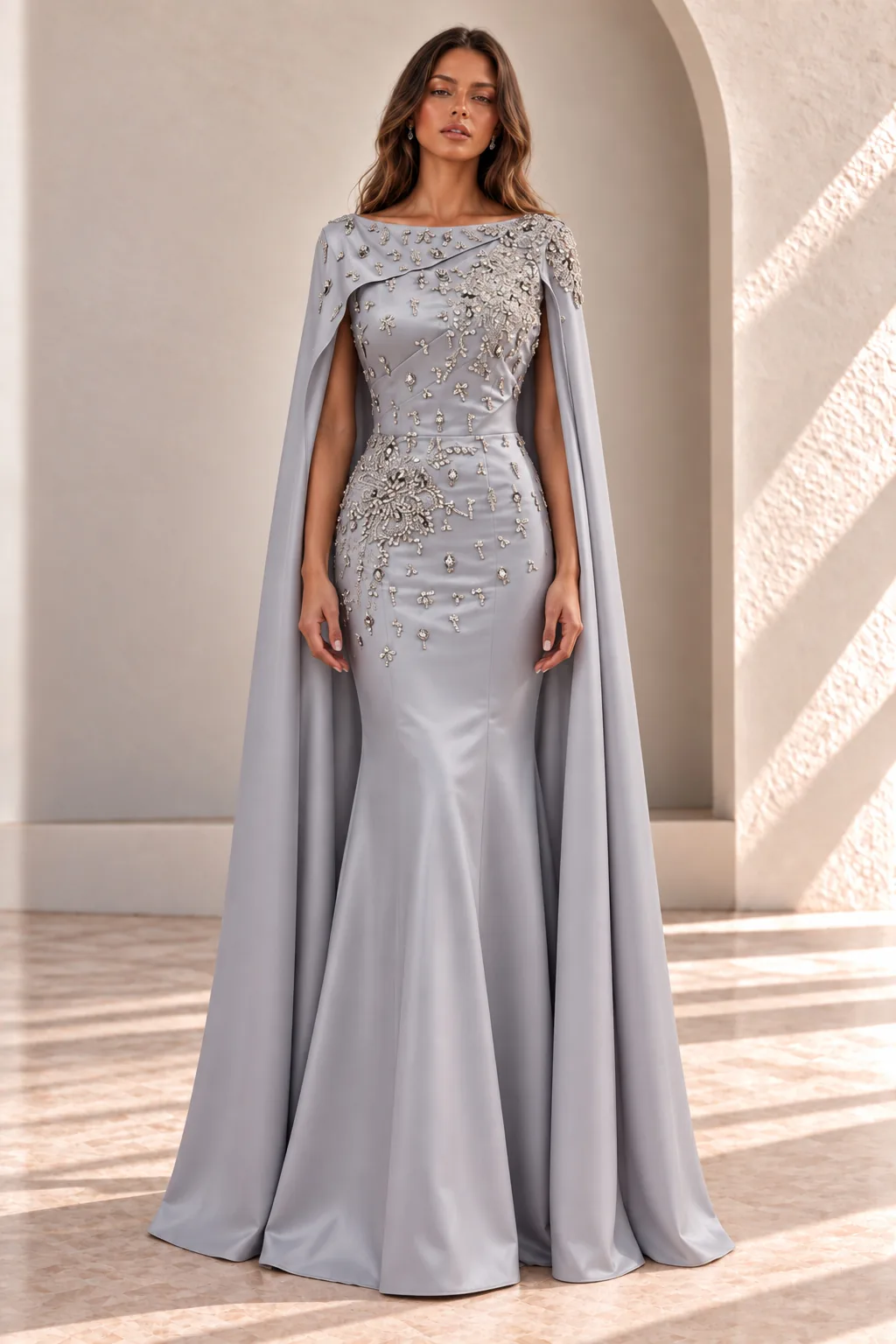 Silver Grey Cape Gown, Beaded Satin Evening Dress, front view