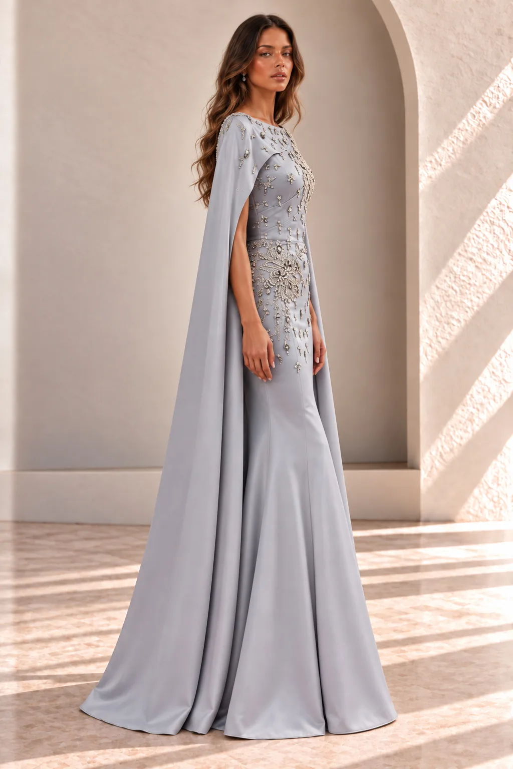 Silver Grey Cape Gown, Beaded Satin Evening Dress, side view