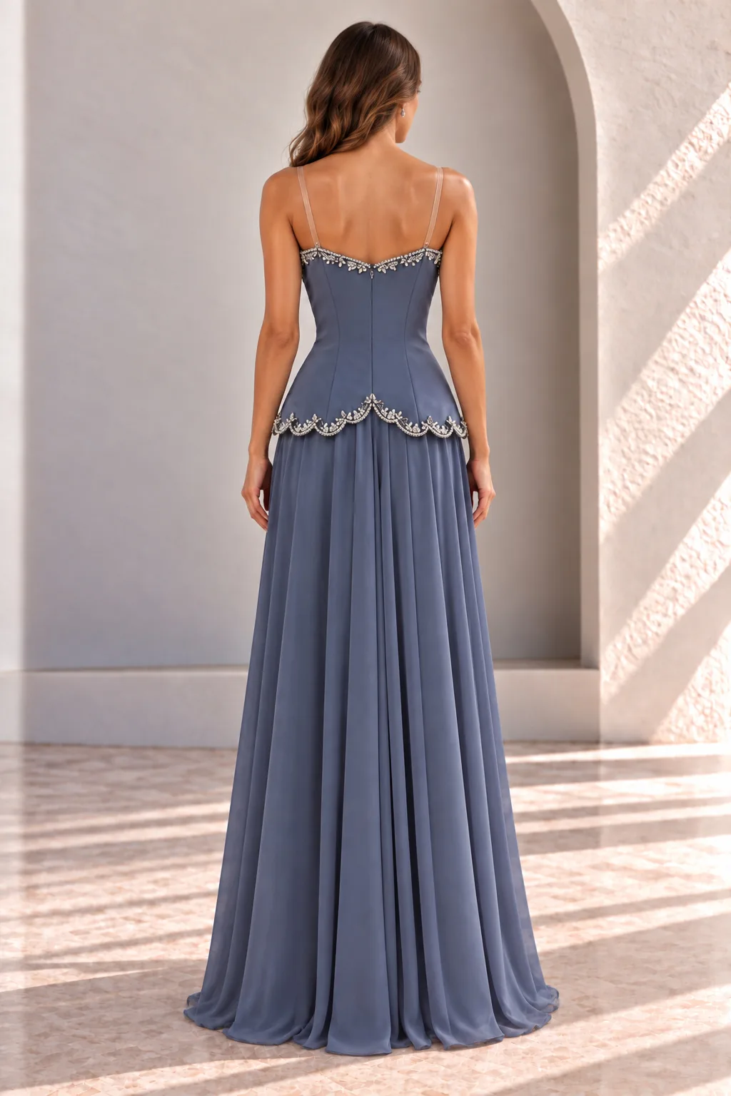 Blue Strapless Evening Gown with Beaded Peplum, back view